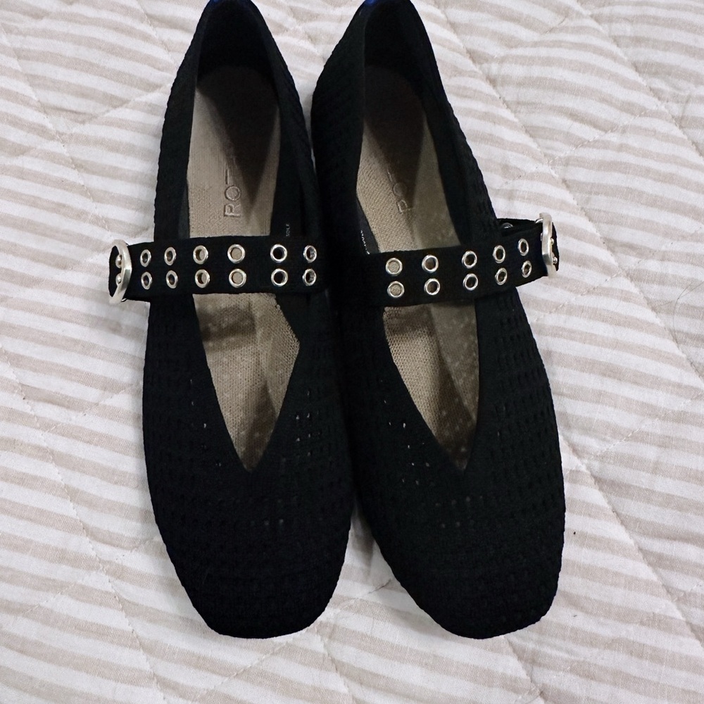 Rothy's Black Bouclé Mary Jane Flats with Gold Buckle - Picture 6 of 7